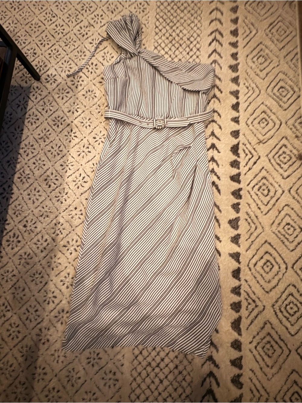 Maison Tara One-Shoulder Striped Dress in White and Navy